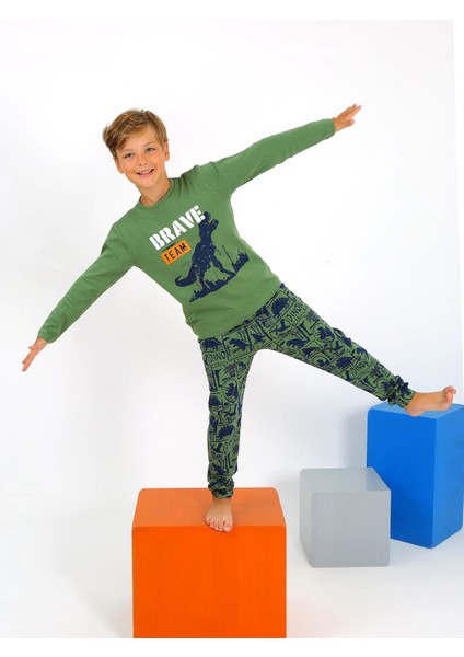 Dinozor Desen Yeşil Pamuklu Erkek Çocuk Pijama Takım