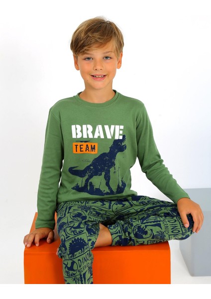 Dinozor Desen Yeşil Pamuklu Erkek Çocuk Pijama Takım