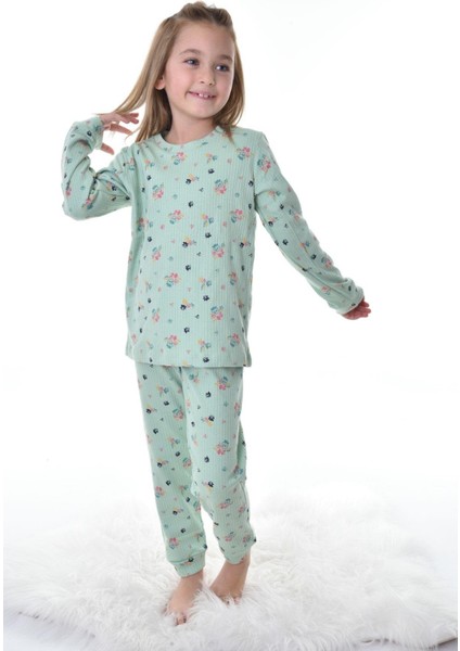Çiçek Desenli Yeşil Fitilli Çocuk Pijama Takımı