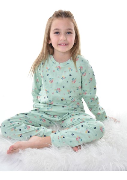 Çiçek Desenli Yeşil Fitilli Çocuk Pijama Takımı