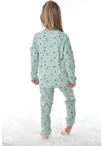 Çiçek Desenli Yeşil Fitilli Çocuk Pijama Takımı