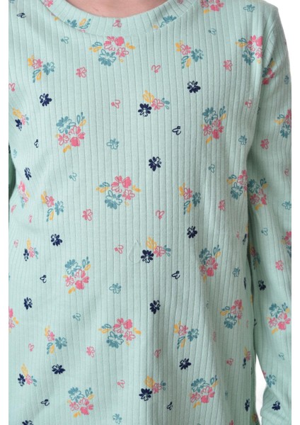 Çiçek Desenli Yeşil Fitilli Çocuk Pijama Takımı