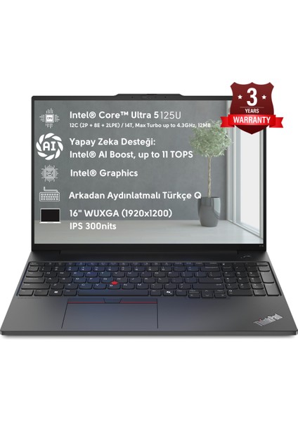 Thinkpad E16 Intel Core Ultra 5 125U 16GB 512GB SSD 16"fhd Windows 11 Pro Taşınabilir Bilgisayar 21MA003MTX W
