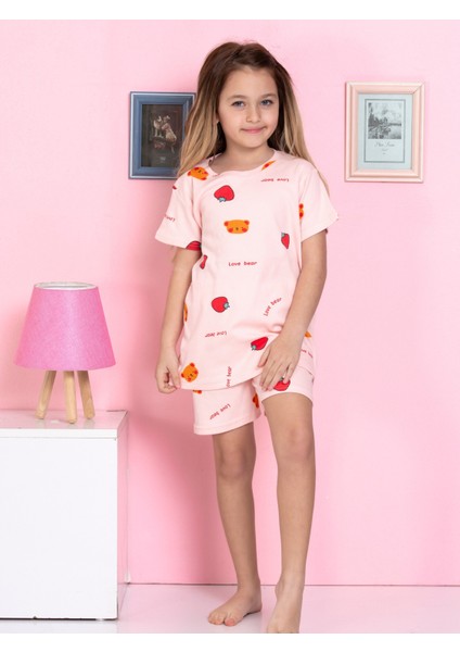 Çilek Desenli Fitilli Kumaş Pembe Şortlu Pijama Takımı