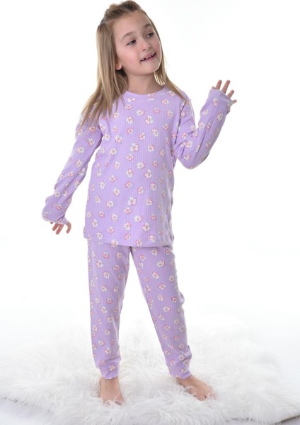 Çiçek Desenli Lila Fitilli Çocuk Pijama Takımı