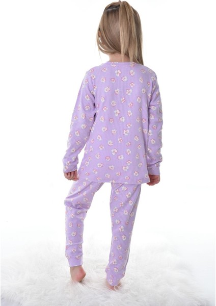 Çiçek Desenli Lila Fitilli Çocuk Pijama Takımı