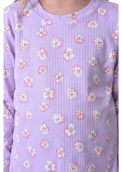 Çiçek Desenli Lila Fitilli Çocuk Pijama Takımı