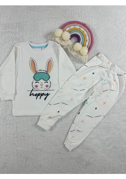 Tavşan Desen Beyaz Kız Çocuk Pijama Takım