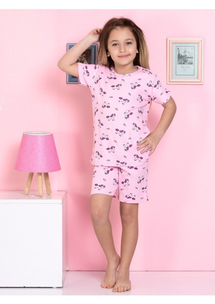 Unicorn Desenli Fitilli Kumaş Pembe Şortlu Pijama Takımı
