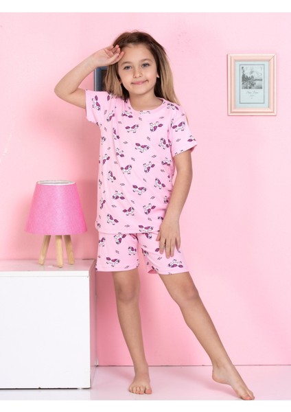 Unicorn Desenli Fitilli Kumaş Pembe Şortlu Pijama Takımı