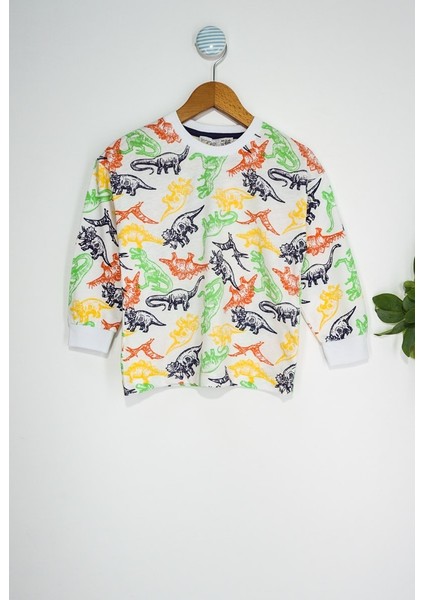 Dinozor Desenli Beyaz Çocuk Pijama Takımı