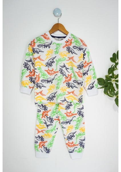 Dinozor Desenli Beyaz Çocuk Pijama Takımı