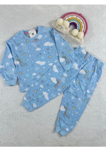 Bulut Desen Mavi Kız Çocuk Pijama Takım