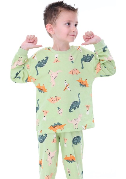 Dinozor Desenli Yeşil Çocuk Pijama Takımı