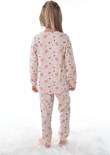 Çiçek Desenli Bej Fitilli Çocuk Pijama Takımı