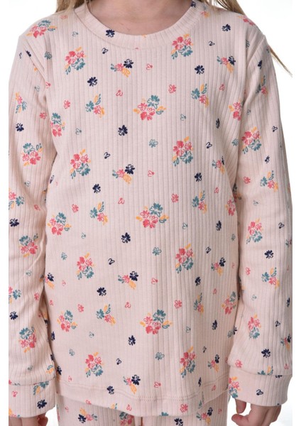 Çiçek Desenli Bej Fitilli Çocuk Pijama Takımı