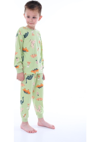 Dinozor Desenli Yeşil Çocuk Pijama Takımı