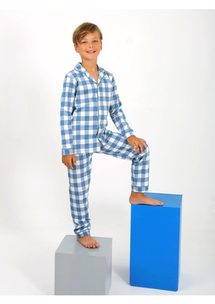 Kareli %100 Pamuklu Düğmeli Erkek Çocuk Pijama Takım