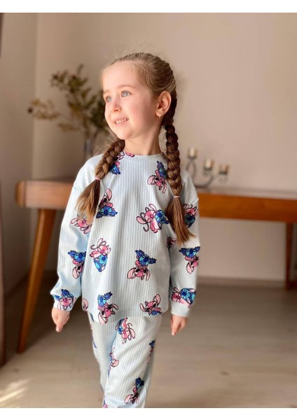 Buz Mavisi Stitch Desen Fitilli Kız Çocuk Pijama Takım