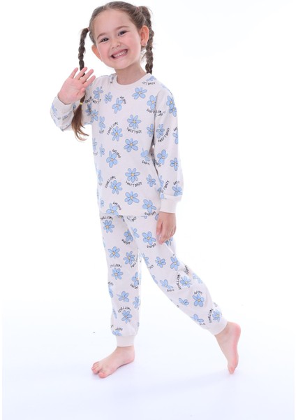Mavi Çiçek Desenli Krem Çocuk Pijama Takımı
