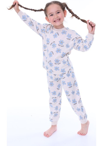 Mavi Çiçek Desenli Krem Çocuk Pijama Takımı