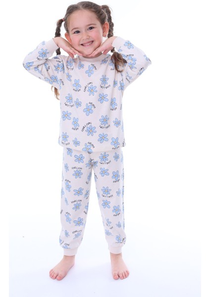 Mavi Çiçek Desenli Krem Çocuk Pijama Takımı