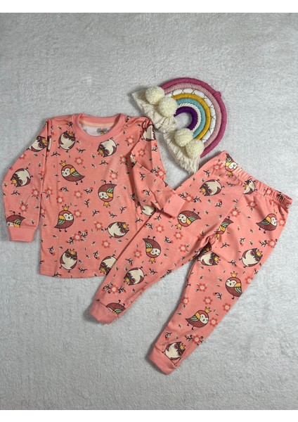 Baykuş Desen Somon Renk Kız Çocuk Pijama Takım