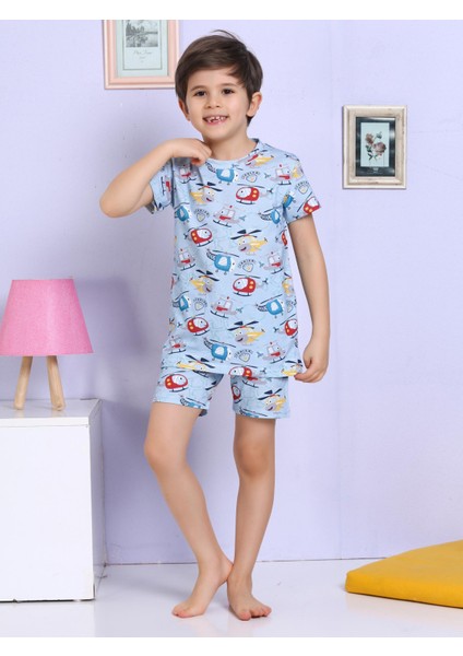 Helikopter Desenli Şortlu Mavi Pijama Takımı