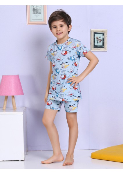 Helikopter Desenli Şortlu Mavi Pijama Takımı