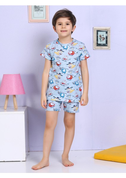 Helikopter Desenli Şortlu Mavi Pijama Takımı