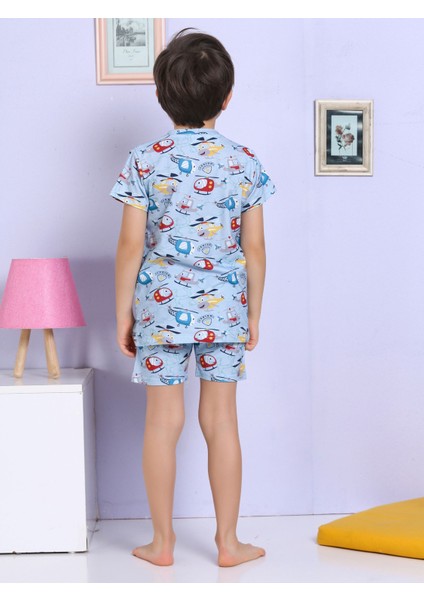 Helikopter Desenli Şortlu Mavi Pijama Takımı