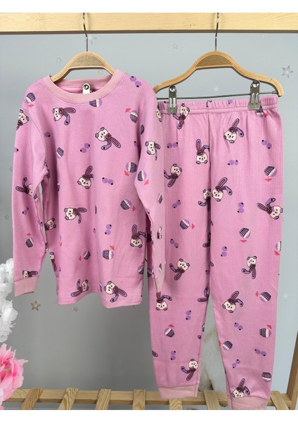 Tavşan Desen Fitilli Mor Kız Çocuk Pijama Takım
