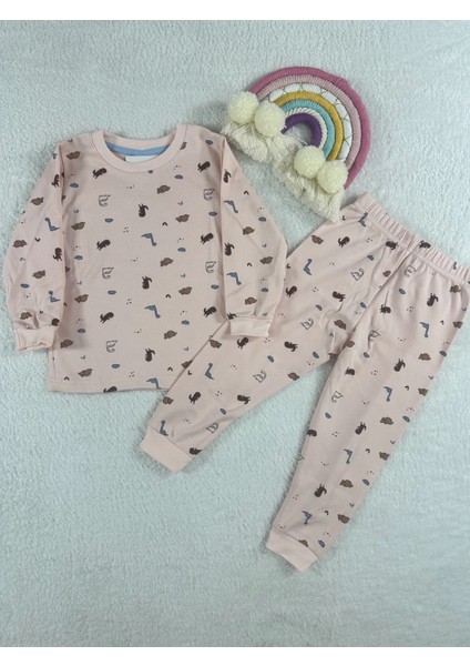 Dinozor Desen Pudra Kız Çocuk Pijama Takım