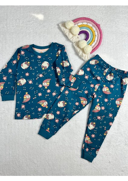 Baykuş Desen Petrol Mavi Renk Kız Çocuk Pijama Takım