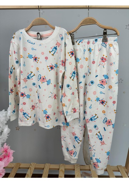 Minykids Robot Desen Fitilli Beyaz Kız Çocuk Pijama Takım