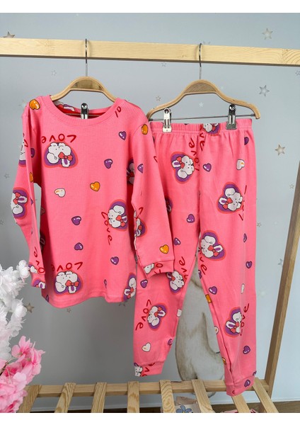 Kalp Desen Fitilli Pembe Kız Çocuk Pijama Takım