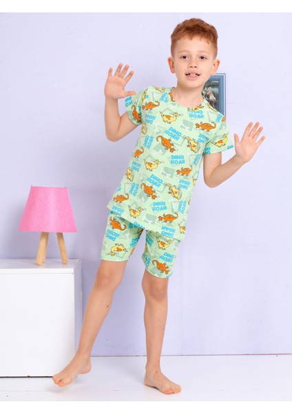 Dinozor Desenli Yeşil Şortlu Pijama Takımı