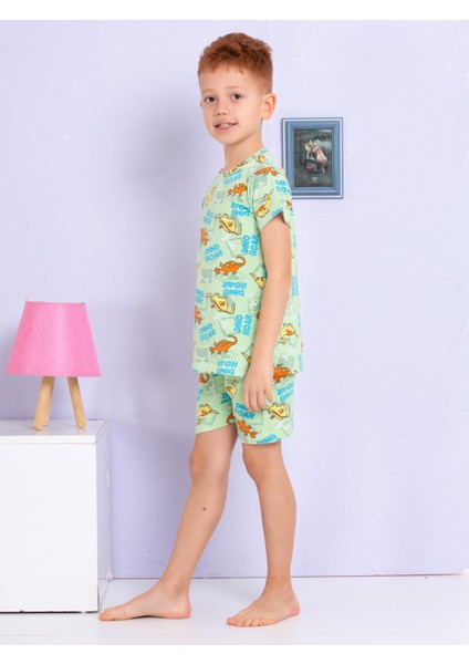 Dinozor Desenli Yeşil Şortlu Pijama Takımı