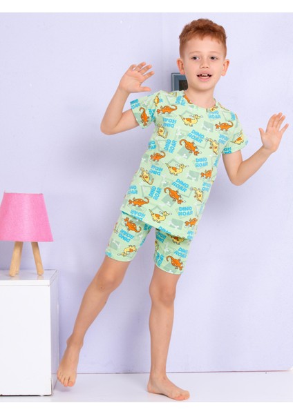 Dinozor Desenli Yeşil Şortlu Pijama Takımı