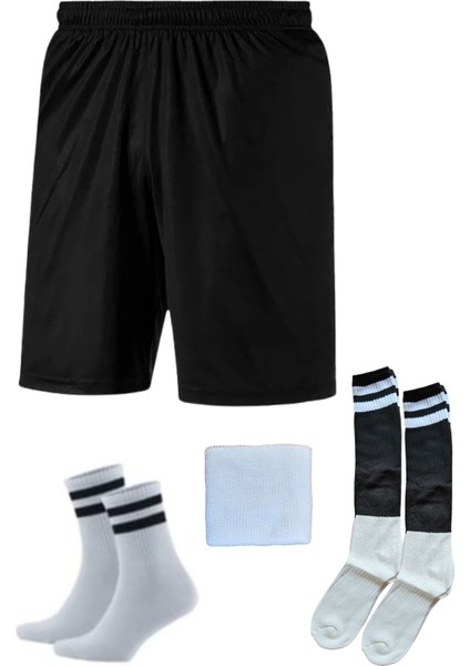 Siyah Beyaz Futbolcu Şortu, Çorap ve Bileklik Seti