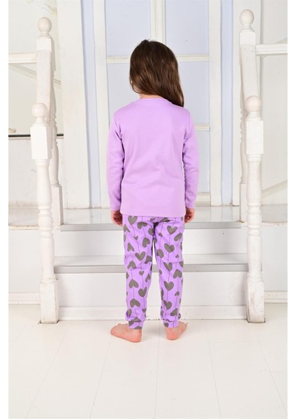 Kalp Desen Lila Kız Çocuk Pijama Takım