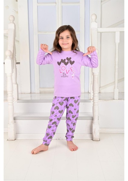 Kalp Desen Lila Kız Çocuk Pijama Takım
