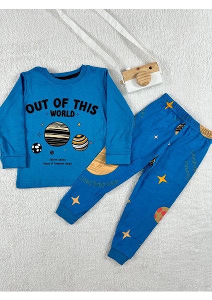 Dünya Desen Mavi Erkek Çocuk Pijama Takım