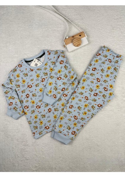 Hayvan Desen Iki Iplik Mavi Erkek Çocuk Pijama Takım