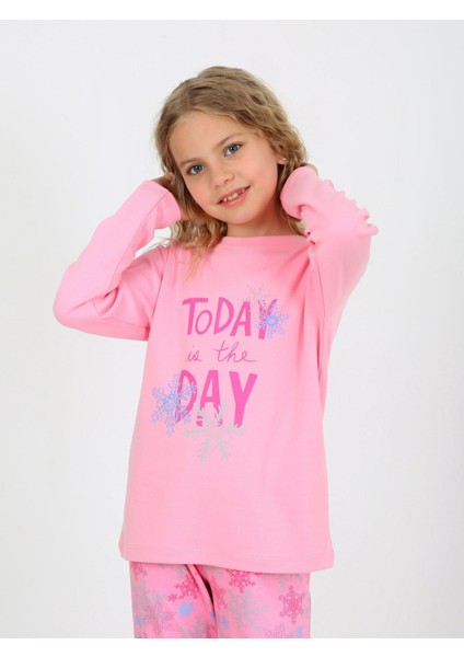 Kar Tanesi Desen Pembe Kız Çocuk Pijama Takım