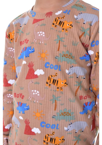 Safari Desenli Kahverengi Fitilli Çocuk Pijama Takımı