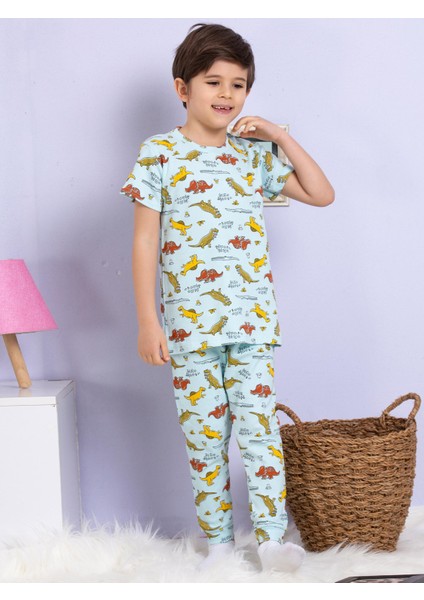 Dinozor Desenli Fitilli Kumaş Mavi Pijama Takımı