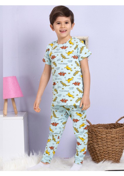 Dinozor Desenli Fitilli Kumaş Mavi Pijama Takımı