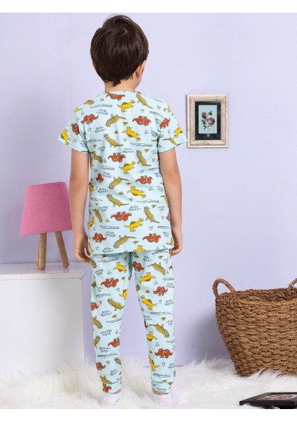 Dinozor Desenli Fitilli Kumaş Mavi Pijama Takımı