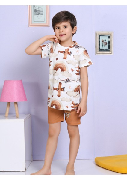 Helikopter Desen Kahverengi Şortlu Pijama Takımı